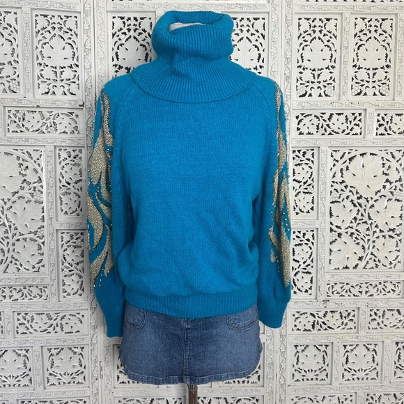 Vtg 80s Blue & Gold Beaded Silk Angora Blend Turtleneck Grannycore Glam Sweater - Picture 1 of 8